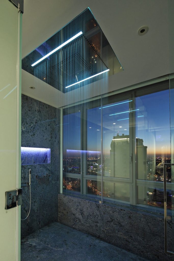 The luxurious shower in an upscale high-rise apartment