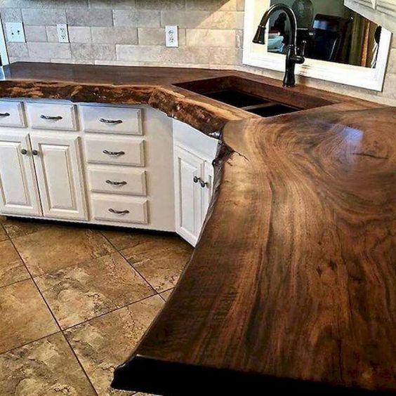 Polished wooden rough-edged countertops