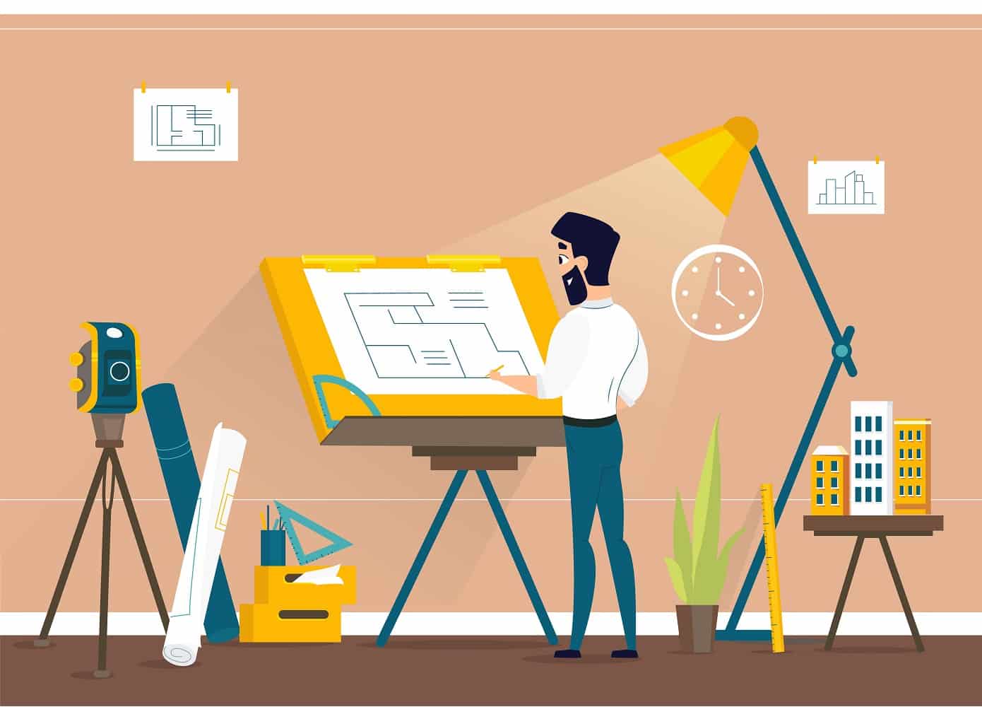 Man architect drawing house project floor plan at draftsman studio with adjustable drawing board desk. Engineer office room workshop. Vector illustration of art idea.