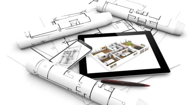 Modern design concept: render of a tablet and smartphone with flat project on the screen over plots and architectural draws isolated on white background