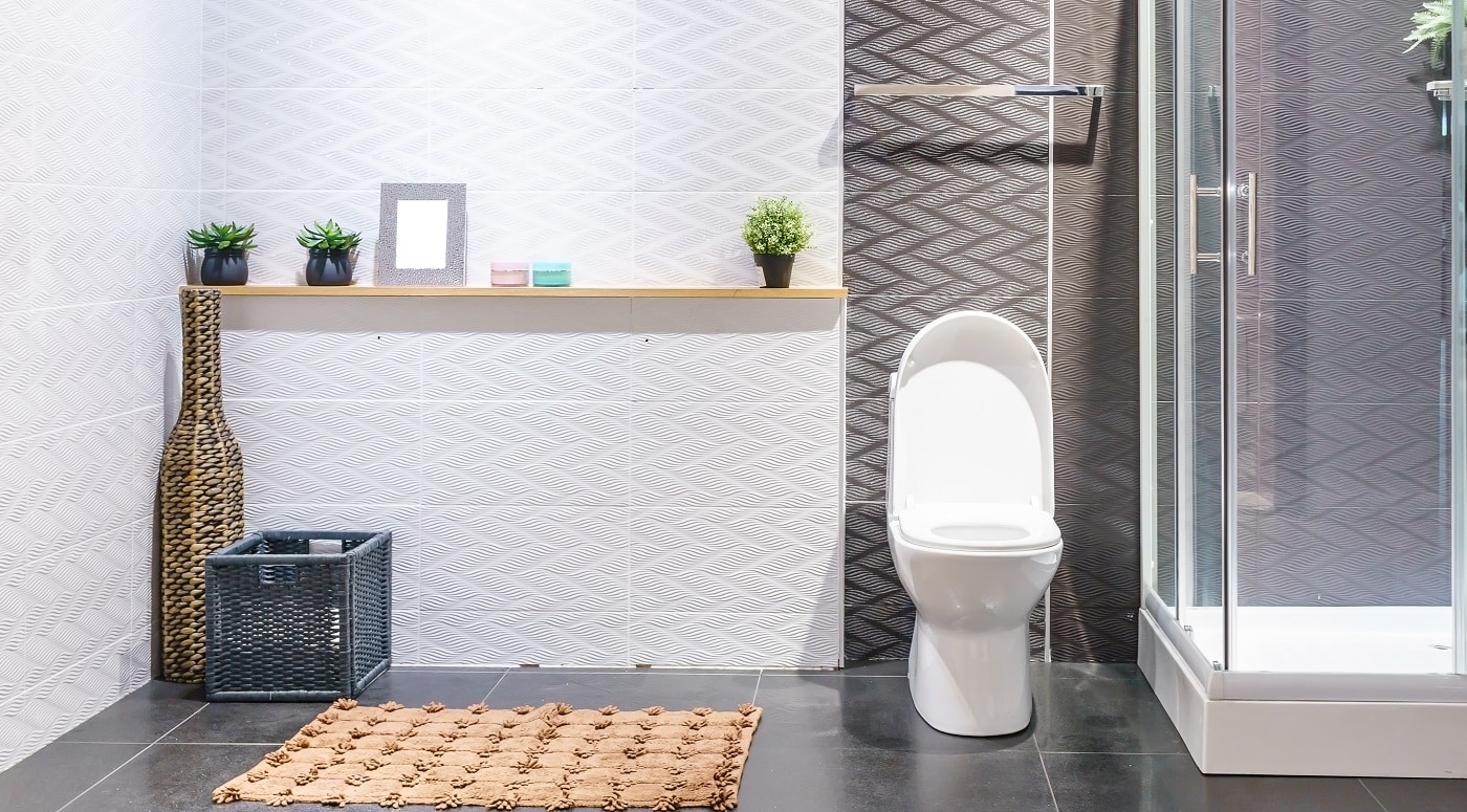 Bathroom interior with white walls, a shower cabin with glass wall, a toilet and sink