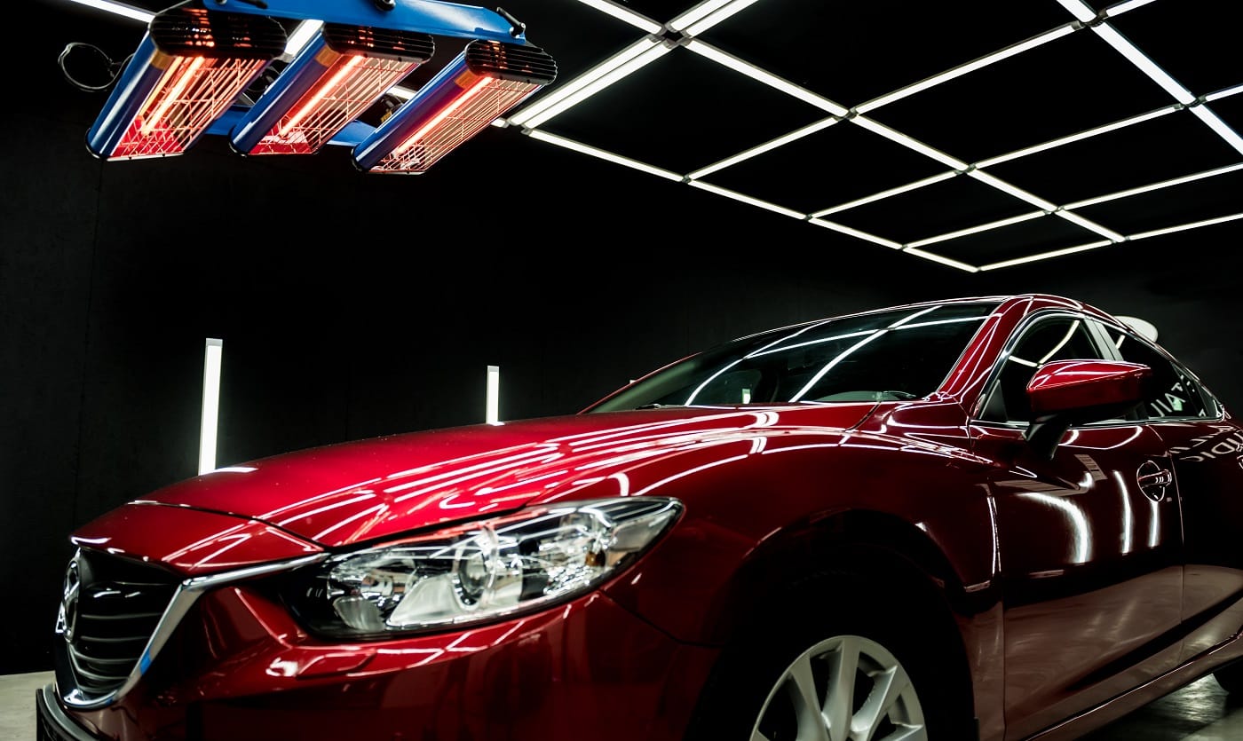 Infrared lamps for drying of car body parts after applying save gloss coating.