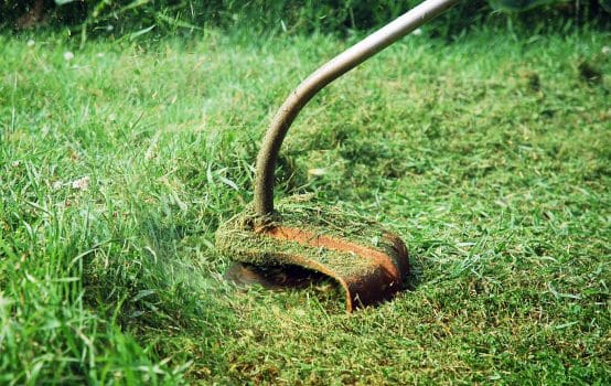 Hand held grass trimmer mowing green lawn. Grass shreds flying around the gardening tool.