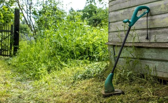 Electric grass trimmer stands in the garden near the house