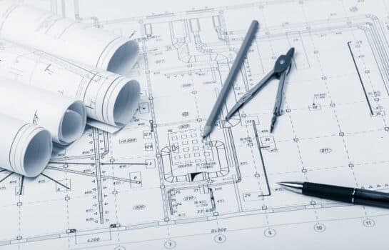 The part of architectural project and pencil, pen with divider on table