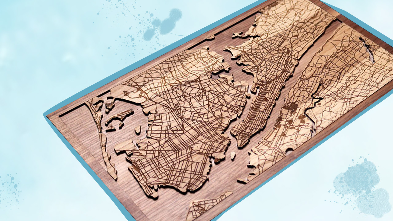 Engraved map of new york on a wood